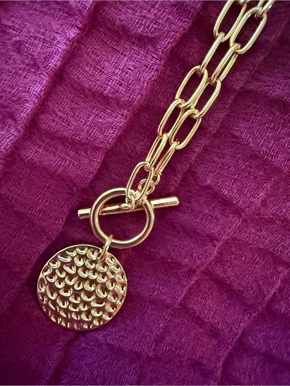 Source Unknown Gold Hammered Disc Toggle Link Necklace